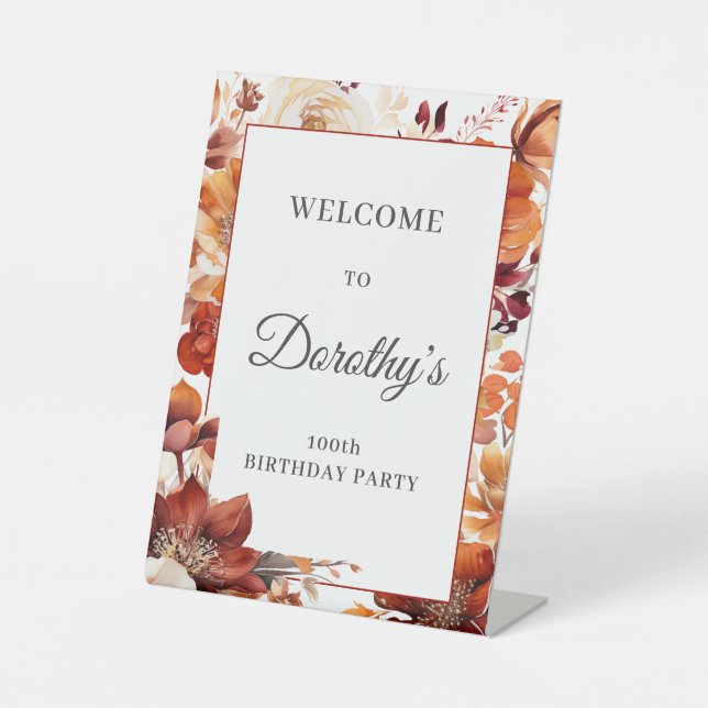 Terracotta Orange Fall Blume 100. Geburtstag Sockelschild (Vorderseite)