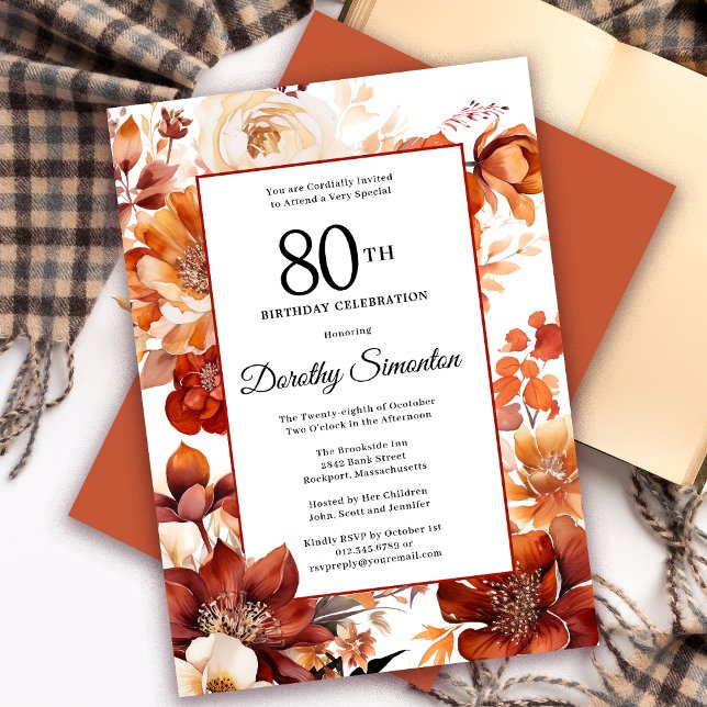 Terracotta Orange Fall Blume 80. Geburtstag Einladung (Need a matching autumn floral Welcome Sign? Message me! Party supplies available too!)