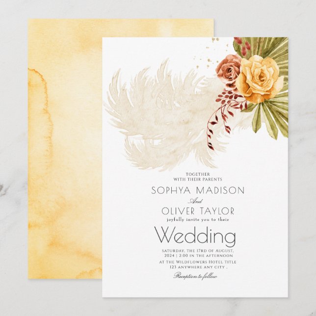 Terracotta Orange Floral Rustic Boho Wedding Einladung (Vorne/Hinten)
