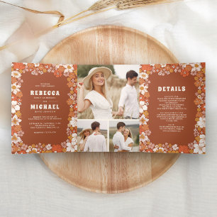 Terracotta Orange Groovy Retro Wildblume Hochzeit Dreifach Gefaltete Einladung