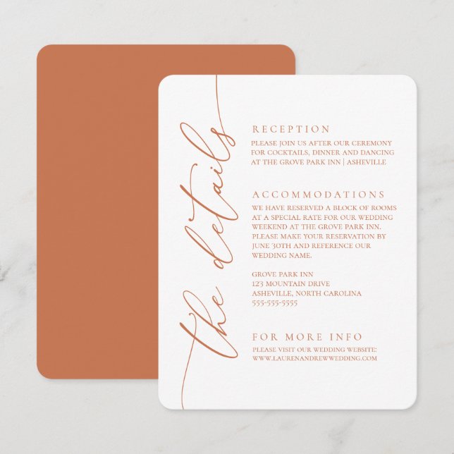 Terracotta Orange Moderne Minimalistische Hochzeit Begleitkarte (Vorne/Hinten)