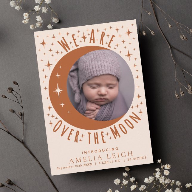 Terracotta Over the Moon Foto Geburtserklärung Einladung (Von Creator hochgeladen)