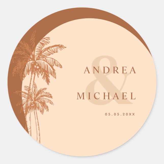 Terracotta Palm Trees & Ampersand Namen Wedding Runder Aufkleber (Vorderseite)