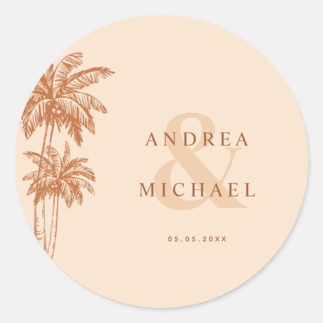 Terracotta Palm Trees & Ampersand Namen Wedding Runder Aufkleber (Vorderseite)