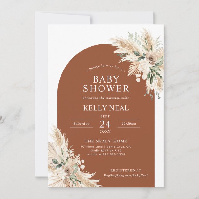 Terracotta Pampas Baby shower en herbe Invitation (Devant)