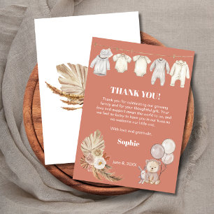Terracotta Pampas Boho Niedlich Bear Baby Dusche Dankeskarte