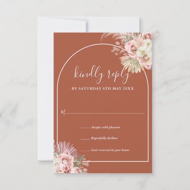 Terracotta Pampas Grass Arch Floral Monogramm RSVP Karte (Vorderseite)