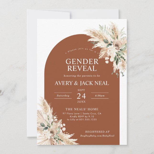Terracotta Pampas Grass Baby Gender Reveal Einladung (Vorderseite)