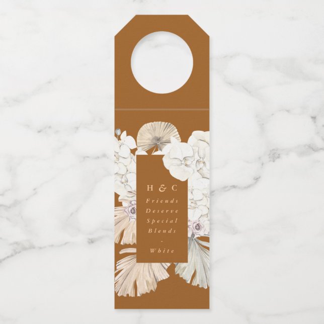 Terracotta Pampas Grass Tropical Floral Wedding Flaschenanhänger (Vorderseite)