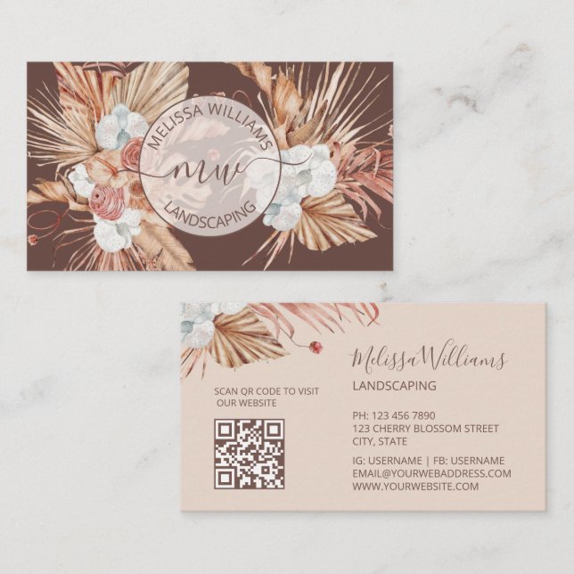 Terracotta Pampas Grass Watercolor Boho Logo Visitenkarte (Vorne/Hinten)