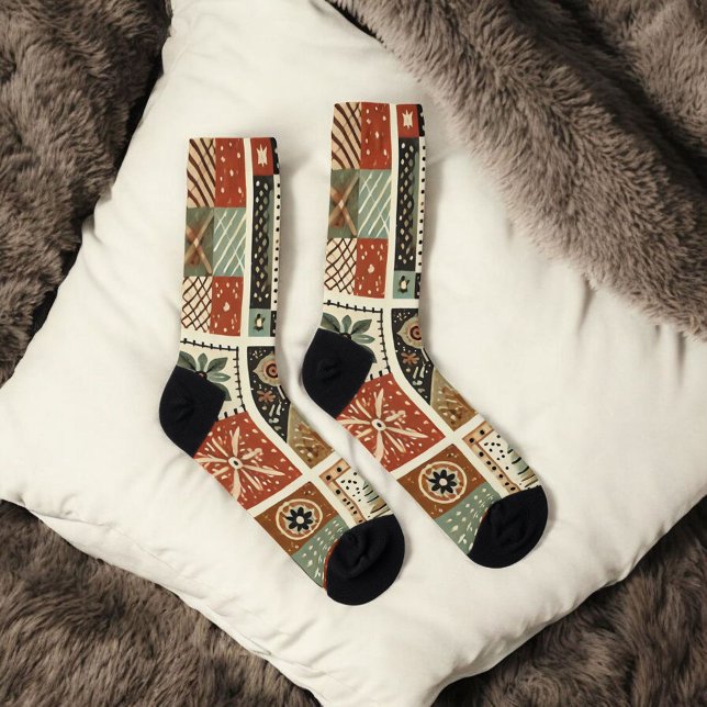 Terracotta Patchwork Quilt Muster Retro Blumenmust Socken (Von Creator hochgeladen)