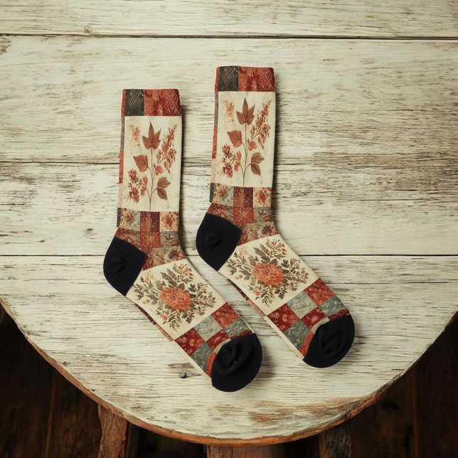 Terracotta Patchwork Quilt Muster Retro Blumenmust Socken (Von Creator hochgeladen)