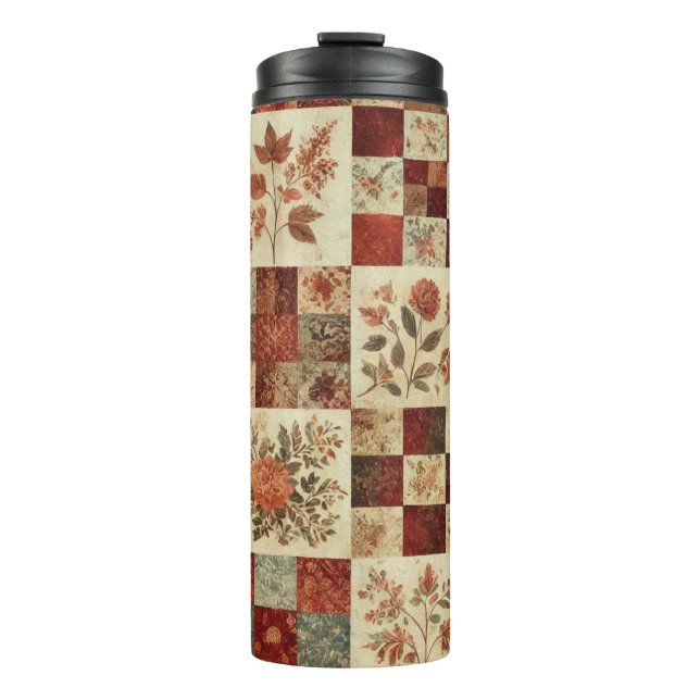 Terracotta Patchwork Quilt Rustic Boho Floral Thermosbecher (Vorderseite)