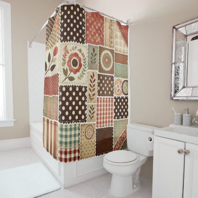 Terracotta Patchwork Quilt Rustic Retro Floral Duschvorhang (Beispiel)