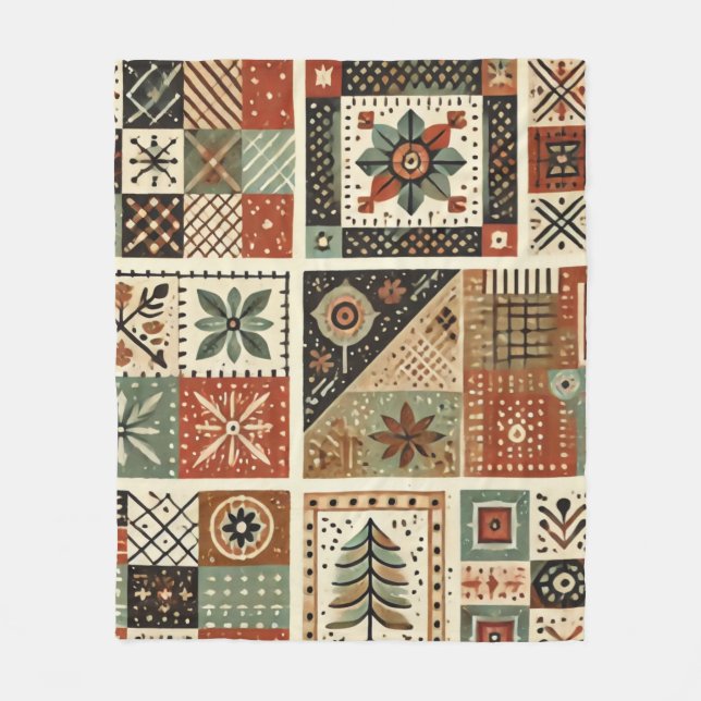 Terracotta Patchwork Quilt Rustic Retro Vintag Fleecedecke (Vorderseite)