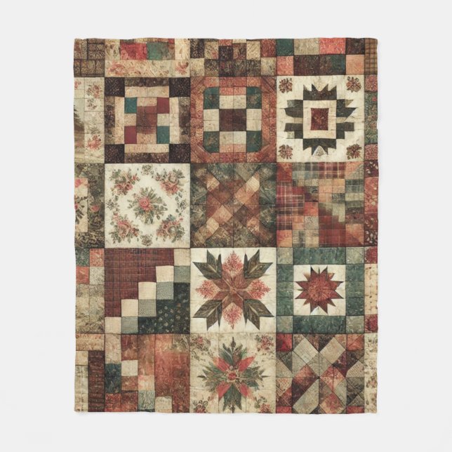 Terracotta Patchwork Quilt Rustic Retro Vintag Fleecedecke (Vorderseite)