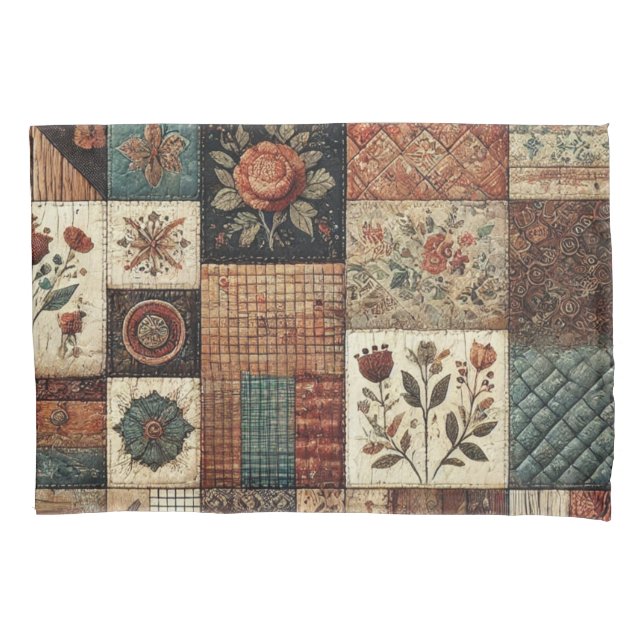Terracotta Patchwork Quilt Rustikales Bauernhaus Kissenbezug (Vorderseite)