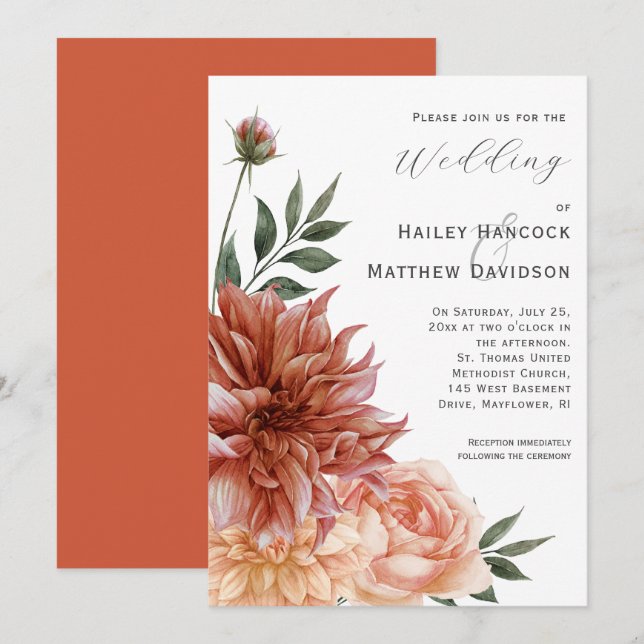 Terracotta, Peach, Blush Floral Wedding Invitation Einladung (Vorne/Hinten)