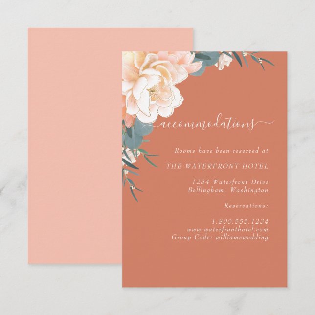 Terracotta Peach Gold Floral Hochzeitsunterkunft Begleitkarte (Vorne/Hinten)