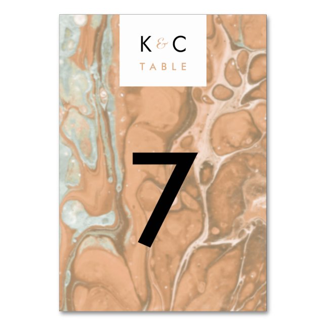 Terracotta Peach & Mint Minimalistischer Marmor Tischnummer (Vorderseite)
