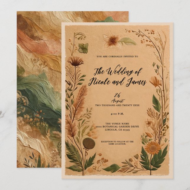 Terracotta Peach Pressed Blume Boho Wedding Einladung (Vorne/Hinten)