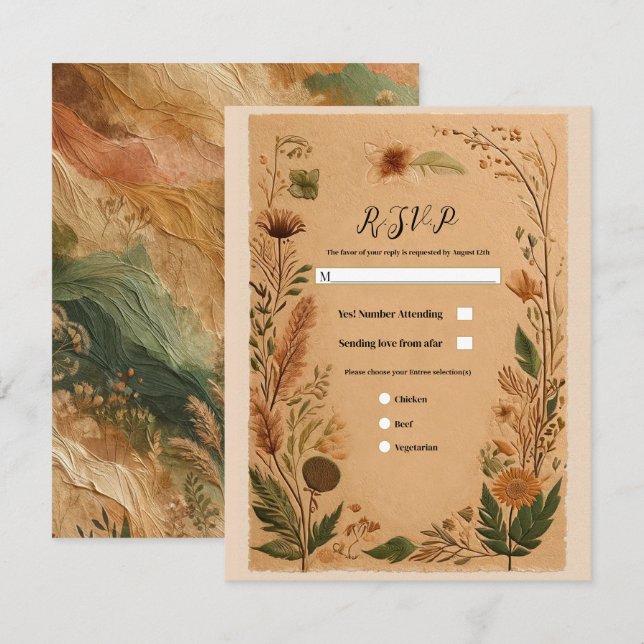 Terracotta Peach Pressed Blume Boho Wedding RSVP Einladung (Vorne/Hinten)
