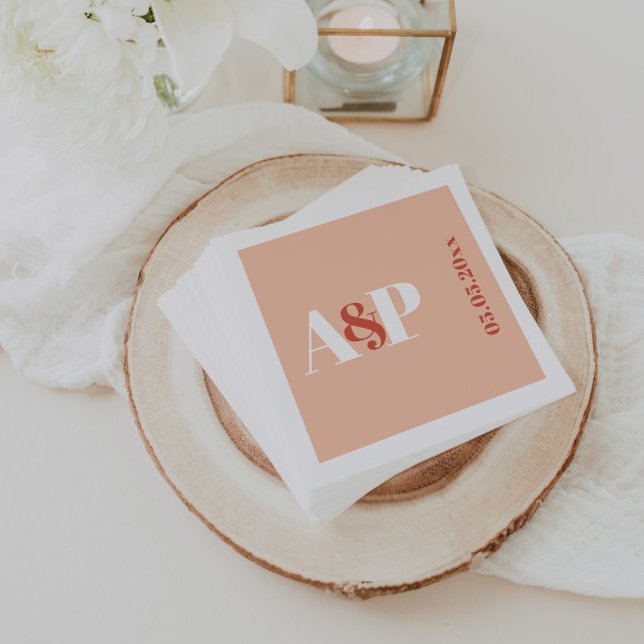 Terracotta Peach Typografy Monogram Wedding Serviette (Stylish typography peach and terracotta monogram initials wedding napkin design)