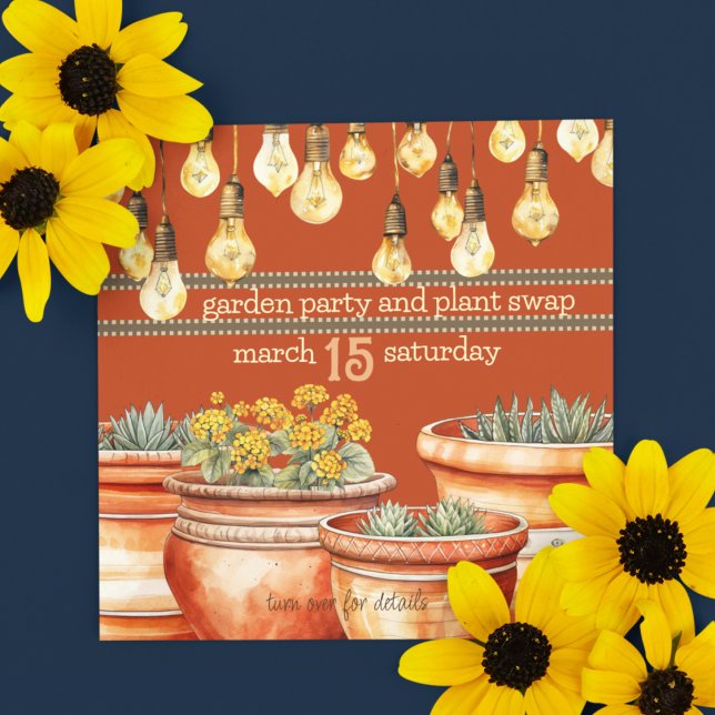 Terracotta Pflanze Pop & Garden String Lights Einladung (Plant swap garden party customizable and downloadable invitation for your spring events. )