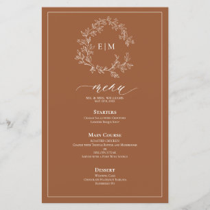 Terracotta Poitrine feuillus Monogram Menu Mariage