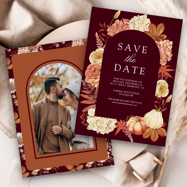 Terracotta Pumpkin Floral Burgundy Wedding Save The Date (Von Creator hochgeladen)