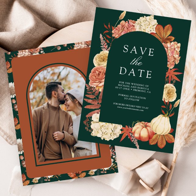 Terracotta Pumpkin Floral Emerald Green Wedding Save The Date (Von Creator hochgeladen)