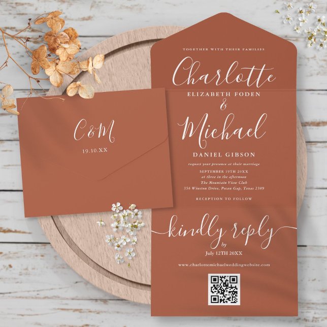 Terracotta QR Code Skript Minimalistische Hochzeit All In One Einladung (Von Creator hochgeladen)