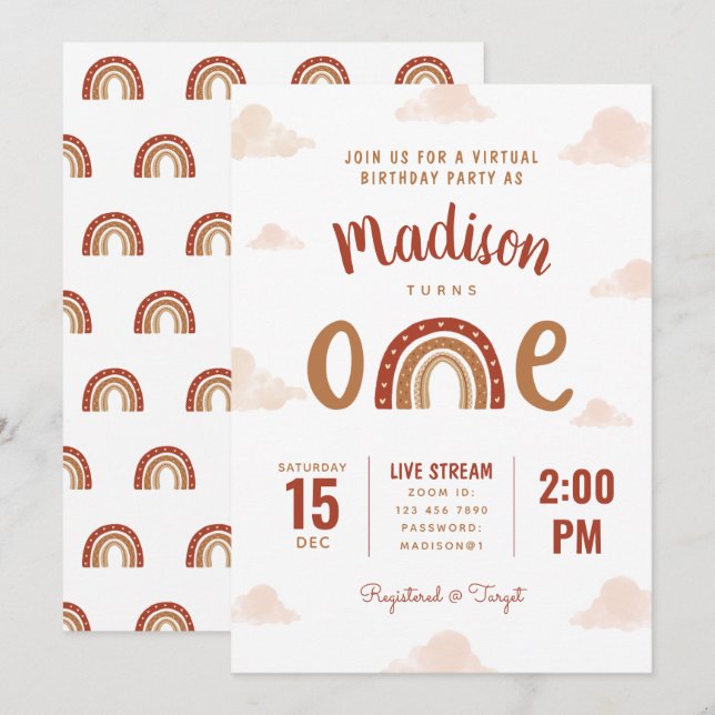 Terracotta Rainbow Boho Virtueller erster Geburtst Einladung (Vorne/Hinten)