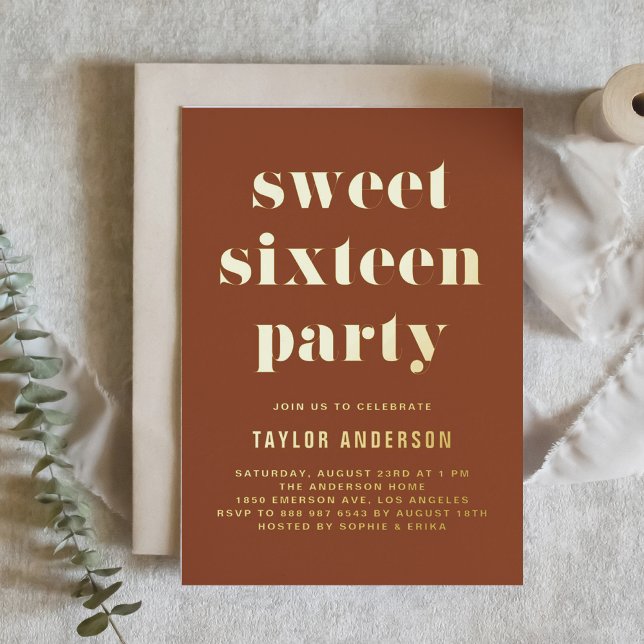 Terracotta Retro Bold Typografy Sweet 16 Birthday Folieneinladung (Von Creator hochgeladen)