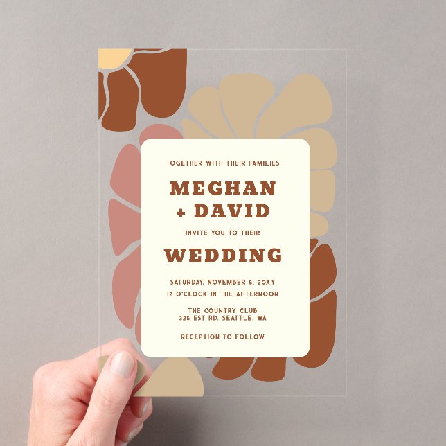 Terracotta Retro Groovy Boho Chic Floral Wedding Acryleinladungen (Insitu (Handheld))