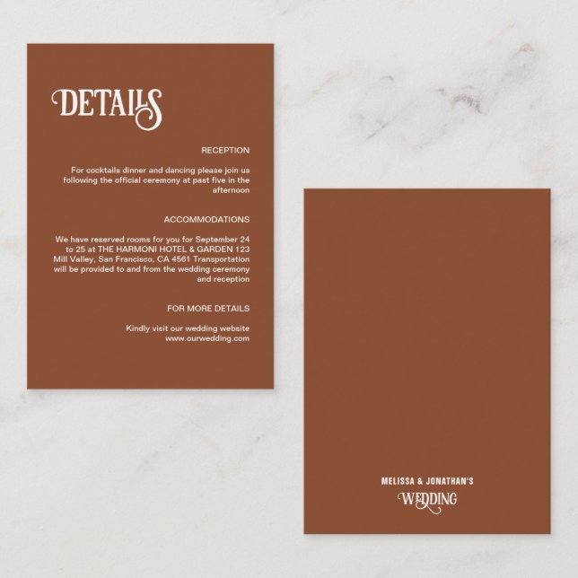 Terracotta Retro Thin Script Wedding Details Begleitkarte (Vorne/Hinten)