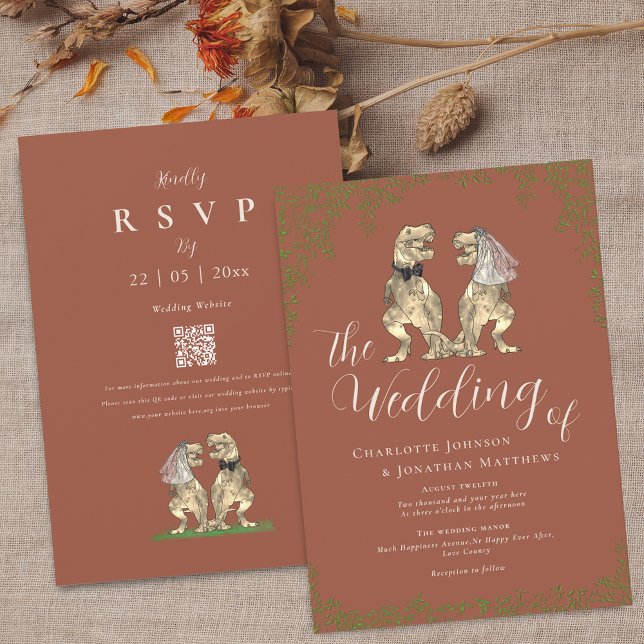 Terracotta Rust & Beige Dinosaur Wedding QR Code Einladung (Boho fall dinosaur wedding terracotta green foliage elegant beige script invitation )