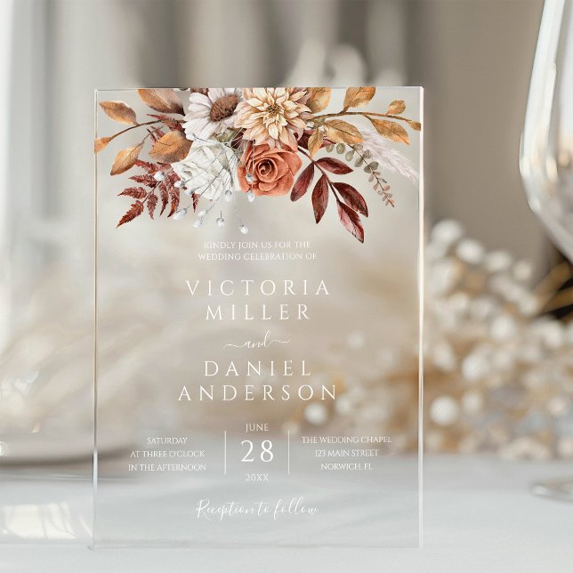 Terracotta Rust Blume Boho Fall Foliage Hochzeit Acryleinladungen (Von Creator hochgeladen)