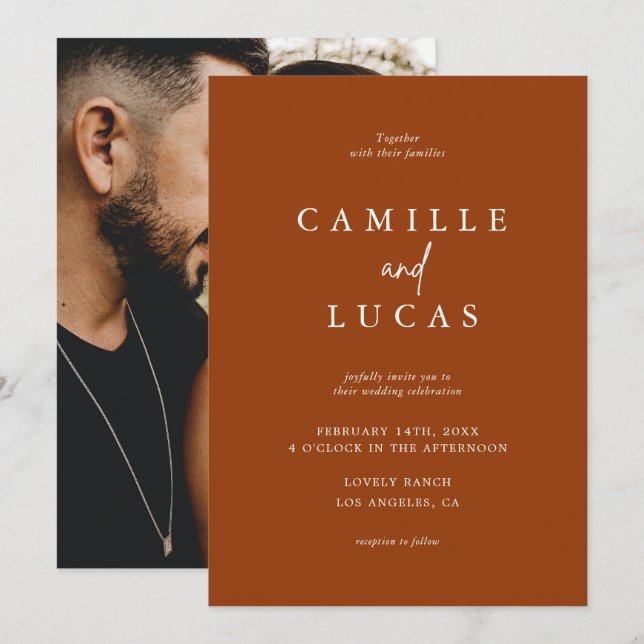 Terracotta Rust Burnt Orange Foto Wedding Einladung (Vorne/Hinten)