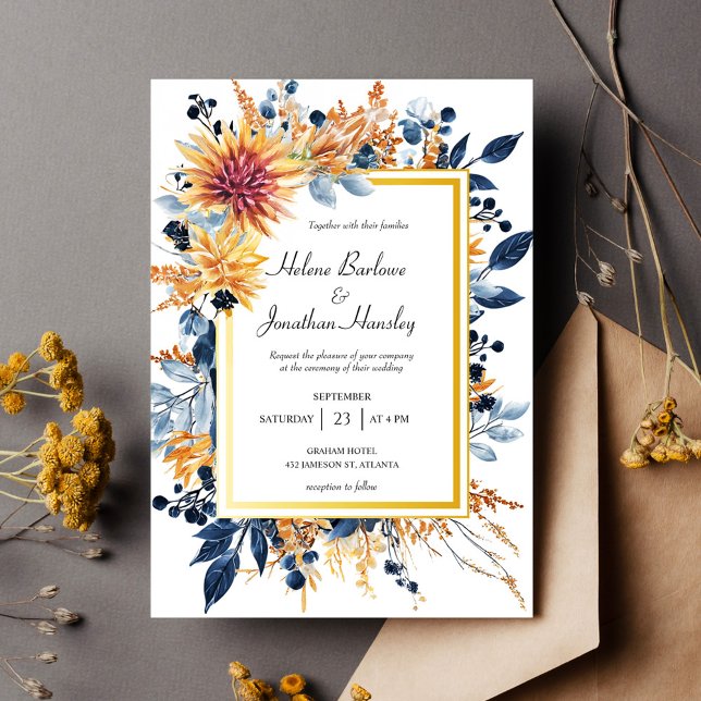 Terracotta Rust Elegante Rustikale Hochzeit Einladung (Navy Terracotta Rust Elegant Floral Rustic Wedding Invitation)