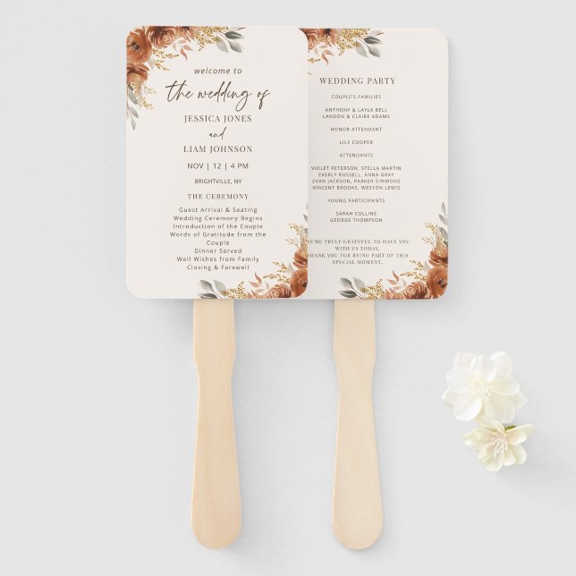 Terracotta Rust Fall Floral Wedding Program Fächer (Vorne und Hinten)
