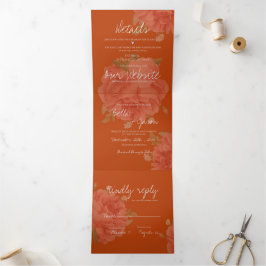Terracotta Rust Floral Monogram Hübsche Hochzeit Dreifach Gefaltete Einladung