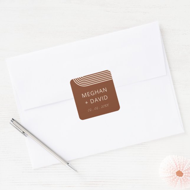 Terracotta Rustic Boho Moderne Hochzeit Quadratischer Aufkleber (Umschlag)