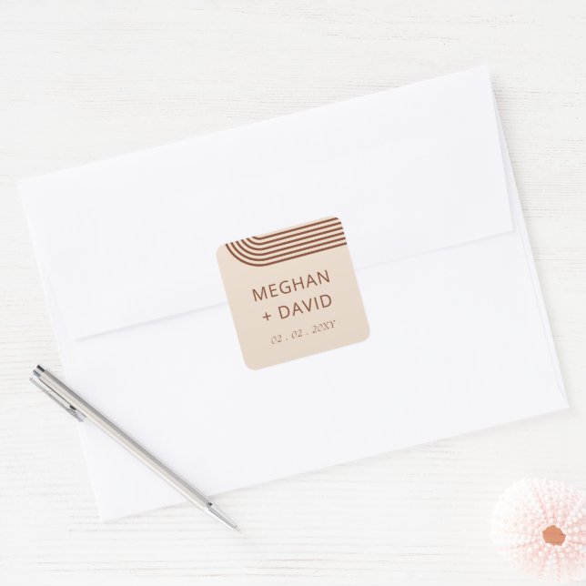 Terracotta Rustic Boho Moderne Hochzeit Quadratischer Aufkleber (Umschlag)