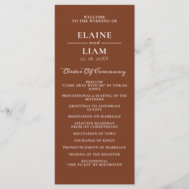 Terracotta Rustic Burnt Orange Moderne Hochzeit Programm (Vorderseite)