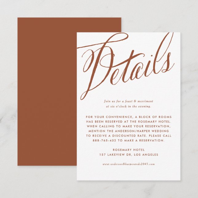 Terracotta Rustic Calligraphy Wedding Details Begleitkarte (Vorne/Hinten)