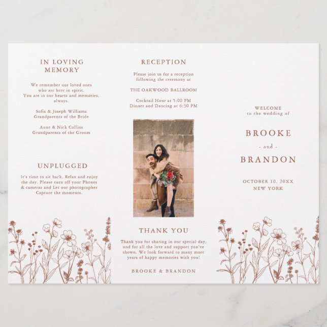 Terracotta Rustic Fall Wildblume Hochzeitsprogramm (Vorderseite)