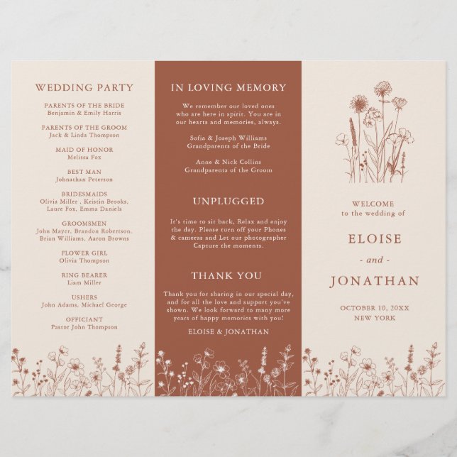 Terracotta Rustic Fall Wildblume Hochzeitsprogramm (Vorderseite)