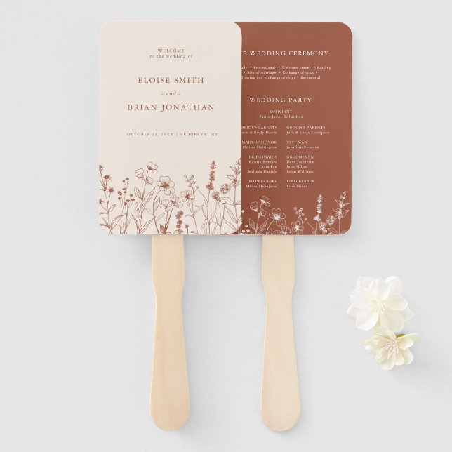 Terracotta Rustic Fall Wildblume Hochzeitsprogramm Fächer (Vorne und Hinten)