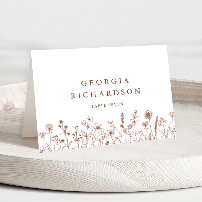 Terracotta Rustic Fall Wildblume Platzkarte Tischnummer (Terracotta Rustic Floral Fall Wildflower Wedding individual guest name place card. )